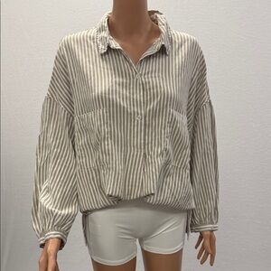 Max Studio Beige & White Striped Relaxed Button-Down